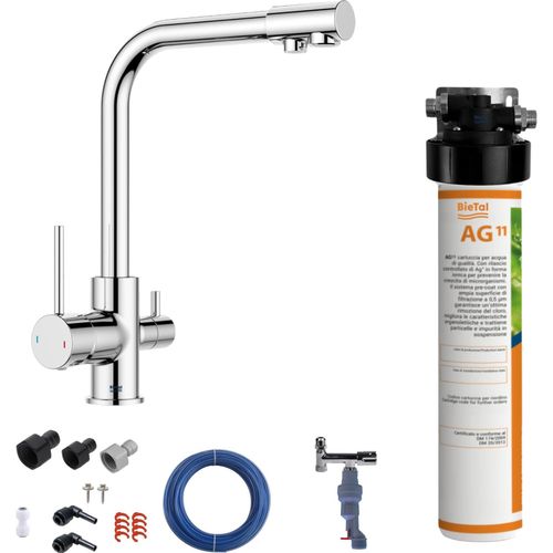 BieTal® Untertisch Wasserfilter Aktivkohle SET 3-Wege Hahn Chrom & Wasserstop