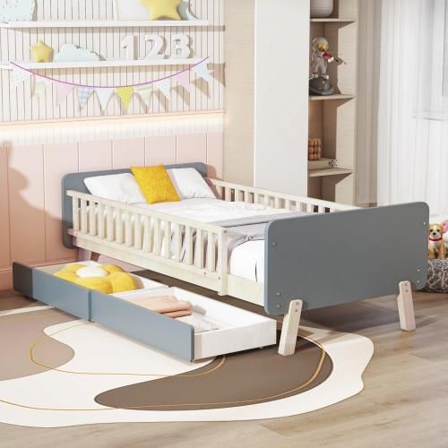 Kinderbett 90x190cm Ohne Matratze Mit 2 Schubladen Einzelbett Aus Massivholz Grau
