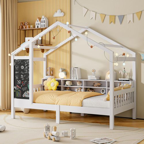 UnboxG Hausbett Kinderbett 90x200cm, Kinderbetten mit Tafel und Lattenrost, Einzelbett Holzbett Rahmen aus Kiefer Massivholzbett, weiß