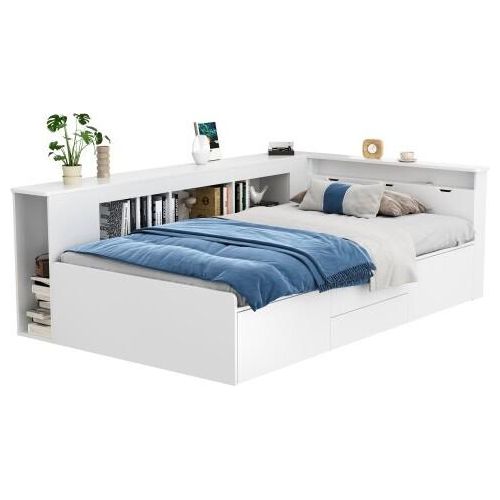 Kinderbett 90x200cm Ohne Matratze Einzelbett Weiss Holz Mit Schubladen Buecherregal Stauschrank Bettkasten