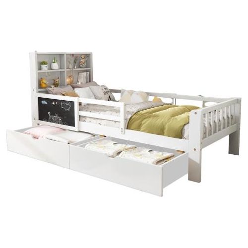 Kinderbett 90x200cm Ohne Matratze Multifunktional Weiss Holz Mit Schubladen Tafel