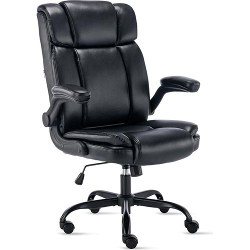Bürostuhl Kunstleder, 150 kg belastbar, Computerstuhl, ergonomische hochklappbare Armlehnen/110° schwenkbar, Chefsessel mit hoher Rückenlehne