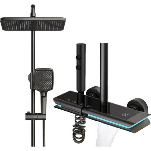 Duschsystem mit Thermostat, Digitalanzeige Duschset Komplettset 4 Funktions Dusche Regendusche Set Duschgarnitur mit Regendusche, Duschkopf,