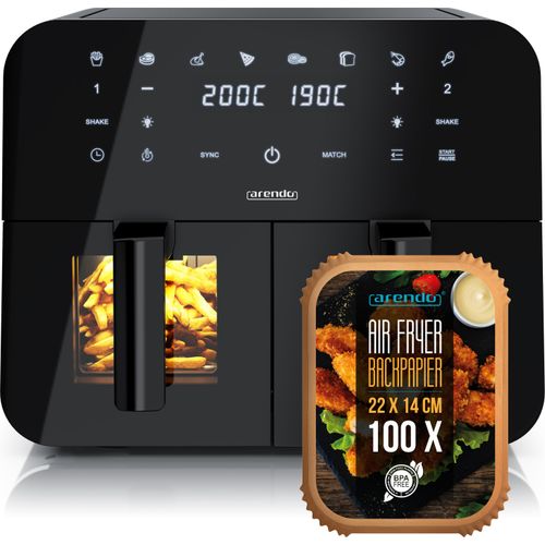 Arendo Heißluftfritteuse XXL, Doppelkammer, Dual Zone, Airfryer 9L mit Backpapier, Sichtfenster mit Beleuchtung, 8 Programme, Touchscreen, 3D Umluftsystem