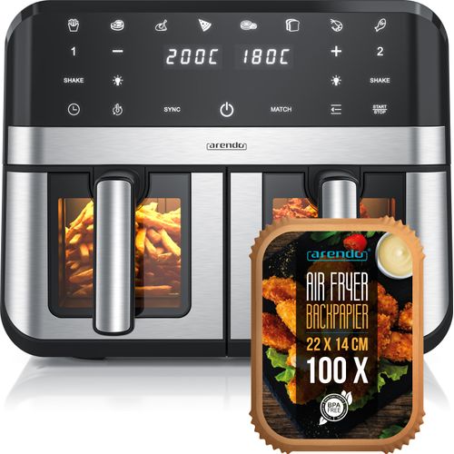 Arendo Heißluftfritteuse XXL, Doppelkammer, Dual Zone , Airfryer 9L mit Backpapier, Sichtfenster mit Beleuchtung, 2400 W, 8 Programme, Touchscreen, 3D Umluftsystem