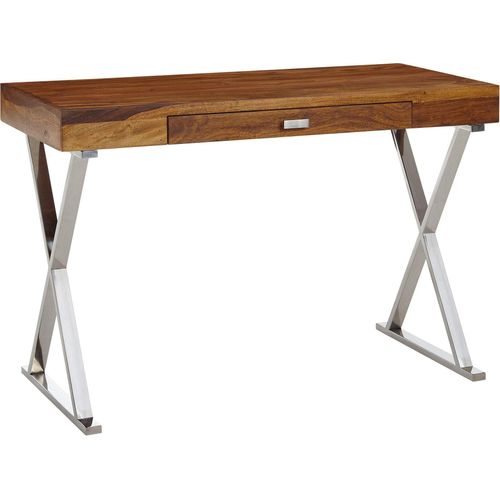Schreibtisch 120x55x78 cm Sheesham Massivholz / Metall Chrom, Design Bürotisch mit Schublade, HomeOffice Laptoptisch Computertisch mit Stauraum