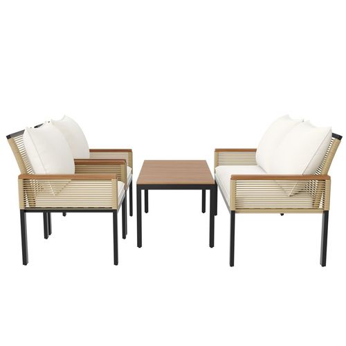 Gartenlounge-Set, Gartenmöbel Set(Beige)mit bequemem Kissen, Doppelsofa ,2 Sessel und Tisch, Outdoor, Rattan, Tisch und Stühle