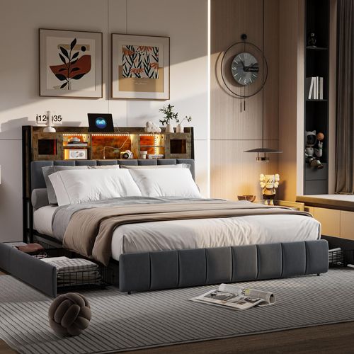 UnboxG Polsterbett 160x200cm mit LED, USB-Steckdosenleisten und 4 Schubladen, Doppelbett Jugendbett mit Lattenrost, Holzbett Stauraumbett Klassisches Bett, Leinen