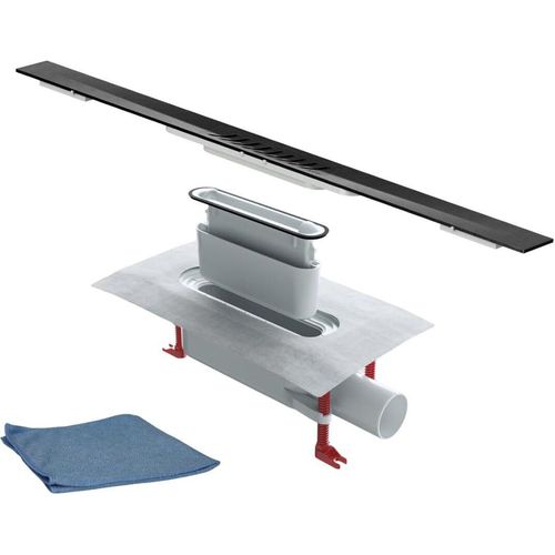 BADfabrik24 ACO ShowerDrain S+, Ablaufkörper 3 cm Sperrwasserhöhe + ACO ShowerDrain S+, Duschrinnenprofil Stripes - Black 100 cm + Mikrofasertuch