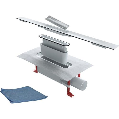 BADfabrik24 ACO ShowerDrain S+, Ablaufkörper 5 cm Sperrwasserhöhe + ACO ShowerDrain S+ Duschrinnenprofil Stripes 90 cm + Mikrofasertuch