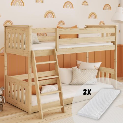 Hochbett 90x200 cm mit zwei Matratzen, Rausfallschutz & zwei Lattenroste in natur Mädchen Jungen Bett Kinderbett Jugendbett 200x90 cm