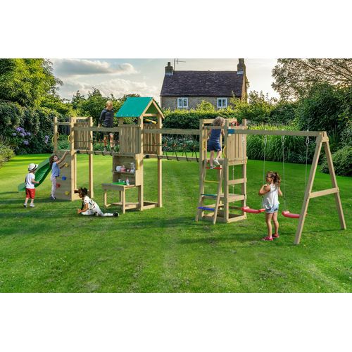 Spielturm mit Rutsche, Doppelschaukel, Kletterwand und Picknicktisch Fungoo Space Longer