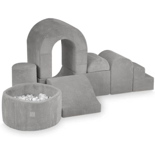 MISIOO Klettergerüst Indoor & Bällebad Baby mit 150 Bällen - Weicher Spielplatz mit 8 Schaumstoff Bausteine Kinder - Cord - Grau