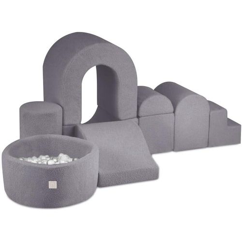MISIOO Klettergerüst Indoor & Bällebad Baby mit 150 Bällen - Weicher Spielplatz mit 8 Schaumstoff Bausteine Kinder - Boucle - Grau
