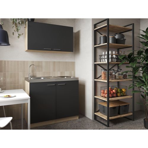 Küche Miniküche Singleküche Pantry Eiche Sägerau Schwarz Merle 100 cm Respekta