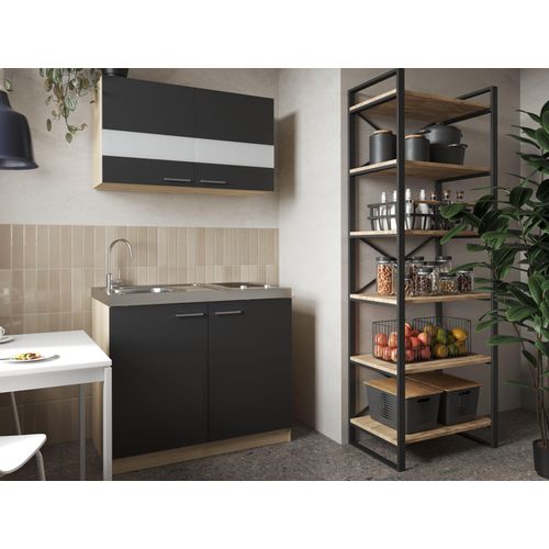 Küche Miniküche Singleküche Pantry Eiche Sägerau Schwarz Merle 100 cm Respekta