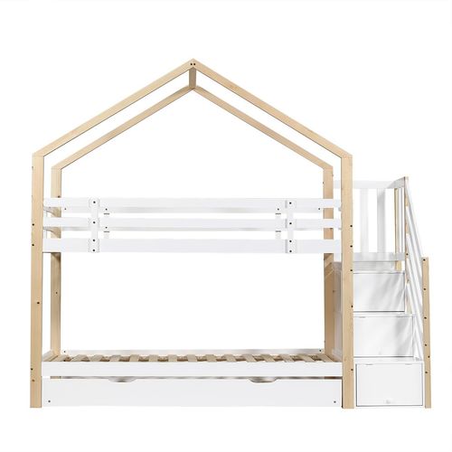 Kinderbett mit 4 Schubladen Absturzsicherung und Kinderbettgitter Etagenbett Hausbett Jugendbett 90x200cm&90x190cm Natur+Weiß