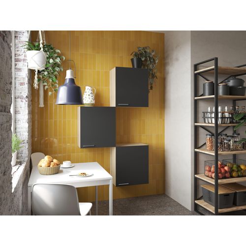 Oberschrank Hängeschrank Küche 3 x 50 cm Eiche Sägerau Schwarz Merle Respekta