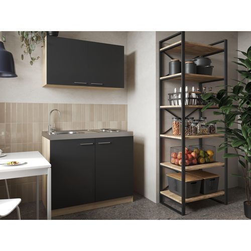 Küche Miniküche Singleküche Pantry Eiche Sägerau Schwarz Merle 100 cm Respekta
