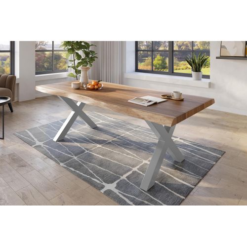 Refurbished Möbelretoure Baumkantentisch 240 x 110 cm Esstisch massiv Akazie Natur X-Gestell Silber TITAN