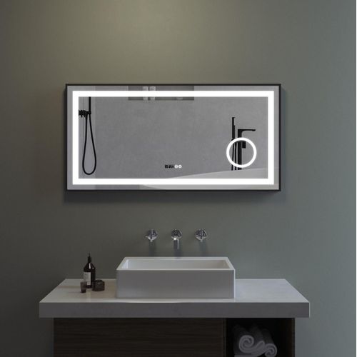 Badezimmerspiegel mit Beleuchtung und Uhr 120x60 cm Beschlagfrei 3-fach Vergrößerung Touch Helligkeit einstellbar