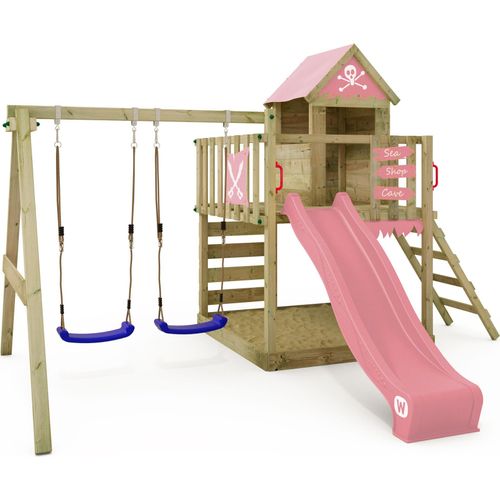 WICKEY Spielturm Klettergerüst Smart Cave mit Schaukel & Rutsche, Baumhaus mit Sandkasten, Kletterleiter & Spiel-Zubehör – pastellpink