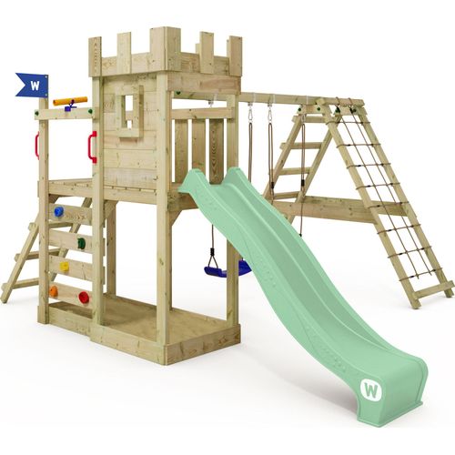 WICKEY Spielturm GateFlyer mit Kletteranbau, Doppelschaukel und Rutsche – pastellgrün
