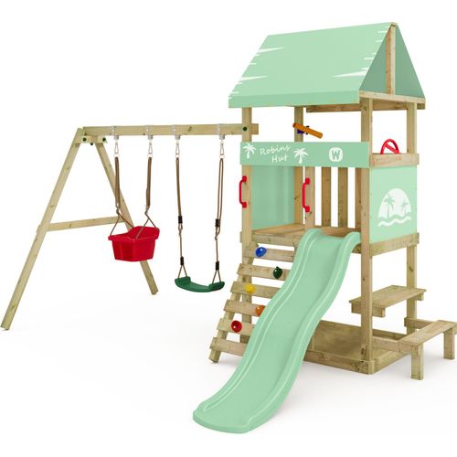 WICKEY Spielturm Klettergerüst DinkyHouse mit Schaukel & Rutsche, Kletterturm mit Sandkasten, Leiter & Picknicktisch – pastellgrün