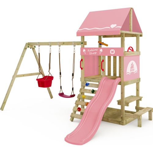 WICKEY Spielturm Klettergerüst DinkyHouse mit Schaukel & Rutsche, Kletterturm mit Sandkasten, Leiter & Picknicktisch – pastellpink