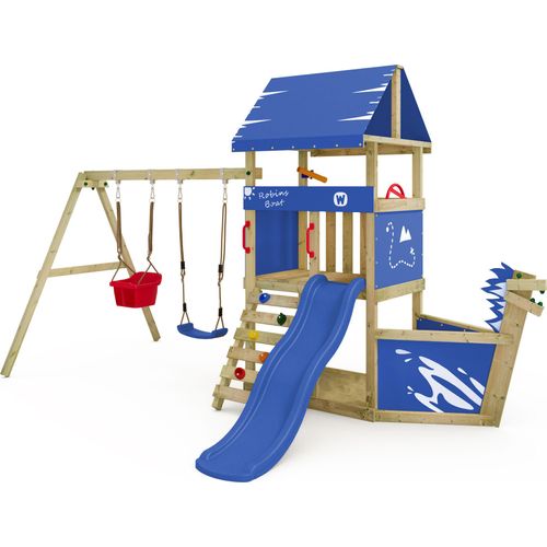 WICKEY Spielturm Klettergerüst DinkyHouse mit Schaukel & Rutsche, Kletterturm mit Sandkasten, Leiter & Schiffsnase - blau