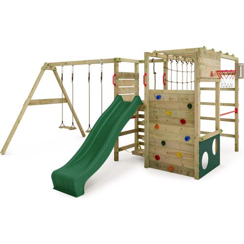 FATMOOSE Klettergerüst Spielturm ActionArena mit Schaukel & Rutsche, Gartenspielgerät mit Leiter & Spiel-Zubehör – grün