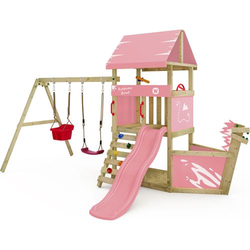 WICKEY Spielturm Klettergerüst DinkyHouse mit Schaukel & Rutsche, Kletterturm mit Sandkasten, Leiter & Schiffsnase – pastellpink