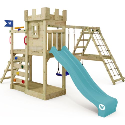 WICKEY Spielturm GateFlyer mit Kletteranbau, Doppelschaukel und Rutsche – türkis