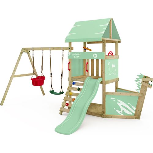 WICKEY Spielturm Klettergerüst DinkyHouse mit Schaukel & Rutsche, Kletterturm mit Sandkasten, Leiter & Schiffsnase – pastellgrün