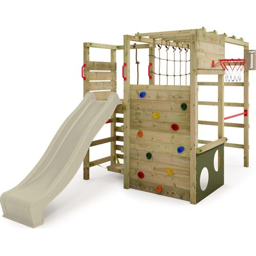 FATMOOSE Klettergerüst Spielturm ActionArena mit Schaukel, Gartenspielgerät mit Leiter & Spiel-Zubehör – salbeigrün / olivgrün