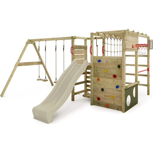 FATMOOSE Klettergerüst Spielturm ActionArena mit Schaukel & Rutsche, Gartenspielgerät mit Leiter & Spiel-Zubehör – salbeigrün / olivgrün
