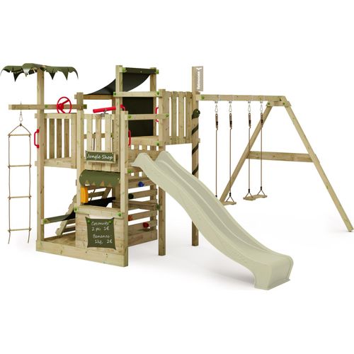 FATMOOSE Klettergerüst Spielturm CrazyCoconut mit Schaukel & Rutsche, Gartenspielgerät mit Leiter & Spiel-Zubehör – salbeigrün / olivgrün