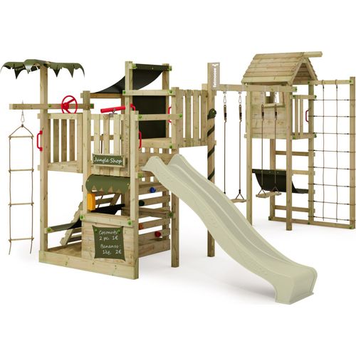 FATMOOSE Klettergerüst Spielturm CrazyCoconut mit Schaukel & Rutsche, Gartenspielgerät mit Turmanbau, Leiter & Spiel-Zubehör – salbeigrün / olivgrün