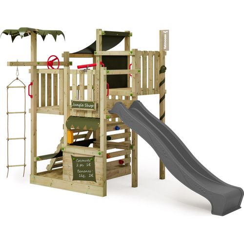 FATMOOSE Klettergerüst Spielturm CrazyCoconut mit Rutsche, Gartenspielgerät mit Leiter & Spiel-Zubehör – anthrazit / olivgrün