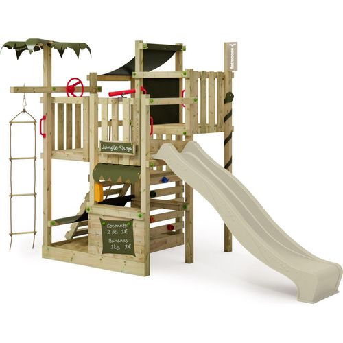 FATMOOSE Klettergerüst Spielturm CrazyCoconut mit Rutsche, Gartenspielgerät mit Leiter & Spiel-Zubehör – salbeigrün / olivgrün