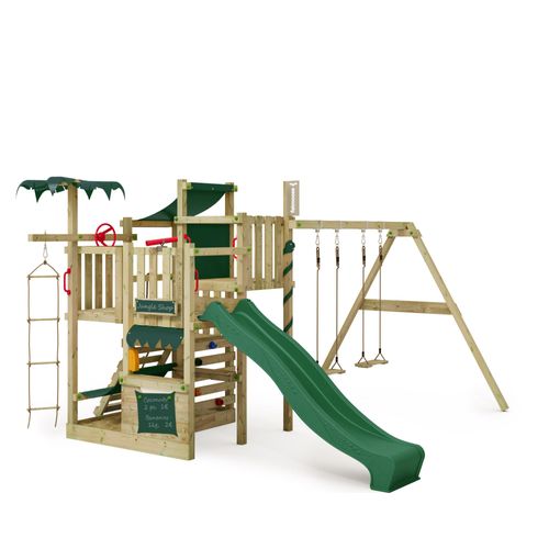 FATMOOSE Klettergerüst Spielturm CrazyCoconut mit Schaukel & Rutsche, Gartenspielgerät mit Leiter & Spiel-Zubehör – grün