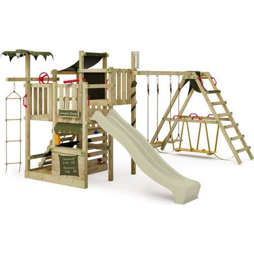 FATMOOSE Klettergerüst Spielturm CrazyCoconut mit Schaukel & Rutsche, Gartenspielgerät mit SurfSwing, Leiter & Spiel-Zubehör – salbeigrün / olivgrün