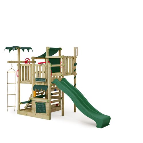FATMOOSE Klettergerüst Spielturm CrazyCoconut mit Rutsche, Gartenspielgerät mit Leiter & Spiel-Zubehör – grün