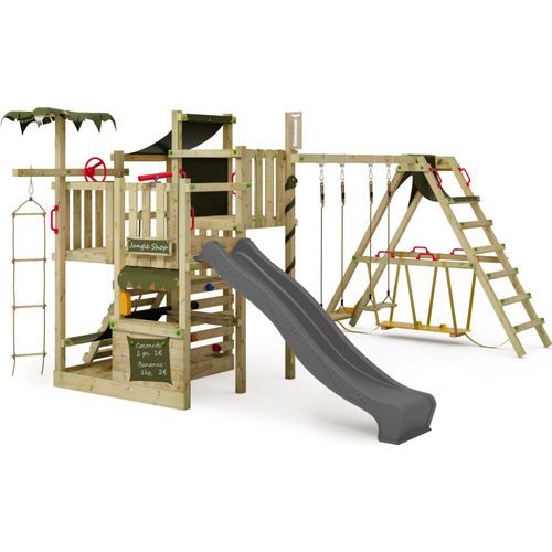 FATMOOSE Klettergerüst Spielturm CrazyCoconut mit Schaukel & Rutsche, Gartenspielgerät mit SurfSwing, Leiter & Spiel-Zubehör – anthrazit / olivgrün