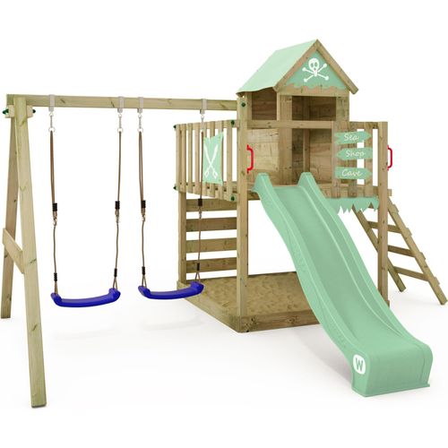 WICKEY Spielturm Klettergerüst Smart Cave mit Schaukel & Rutsche, Baumhaus mit Sandkasten, Kletterleiter & Spiel-Zubehör – pastellgrün