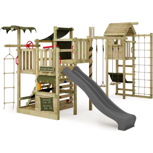 FATMOOSE Klettergerüst Spielturm CrazyCoconut mit Schaukel & Rutsche, Gartenspielgerät mit Turmanbau, Leiter & Spiel-Zubehör – anthrazit / olivgrün