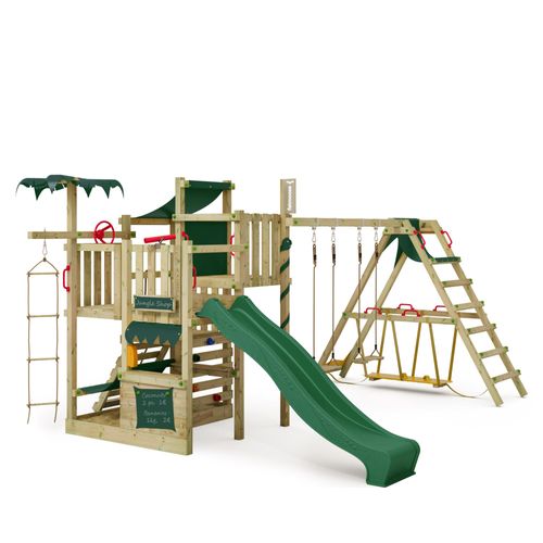 FATMOOSE Klettergerüst Spielturm CrazyCoconut mit Schaukel & Rutsche, Gartenspielgerät mit SurfSwing, Leiter & Spiel-Zubehör – grün