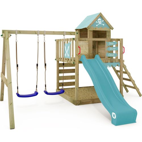 WICKEY Spielturm Klettergerüst Smart Cave mit Schaukel & Rutsche, Baumhaus mit Sandkasten, Kletterleiter & Spiel-Zubehör – pastellblau