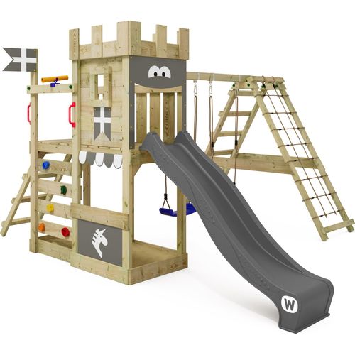 WICKEY Spielturm Ritterburg DragonFlyer mit Schaukel & Rutsche, Spielhaus mit Sandkasten, Kletterleiter & Spiel-Zubehör – anthrazit