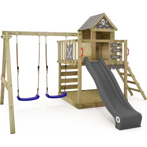WICKEY Spielturm Klettergerüst Smart Cave mit Schaukel & Rutsche, Baumhaus mit Sandkasten, Kletterleiter & Spiel-Zubehör – anthrazit